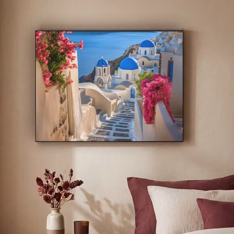 Santorini - Bloemen - Griekenland Textielframe zwart klein -sfeer1