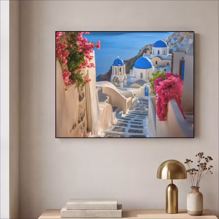 Santorini - Bloemen - Griekenland Textielframe - compleet frame klein -sfeer2