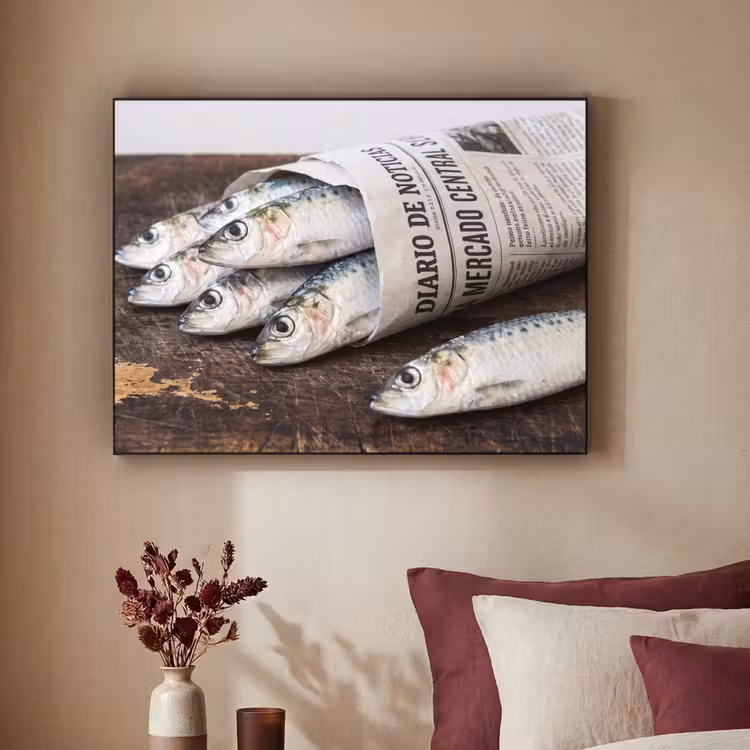 Art frame - Sardientje - krant - snijplank - Sardientje - krant - snijplank Textielframe zwart klein