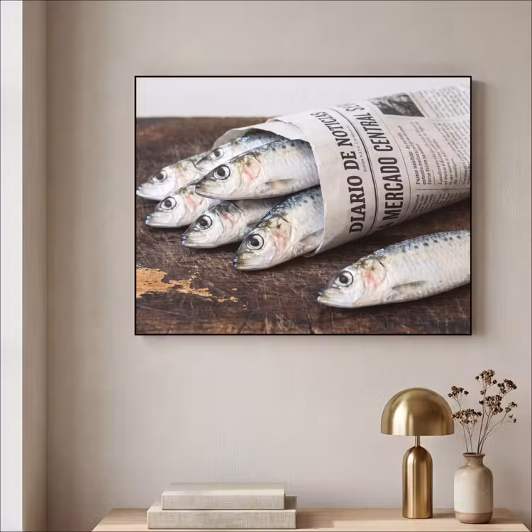Art frame - Sardientje - krant - snijplank - Sardientje - krant - snijplank Textielframe zwart klein