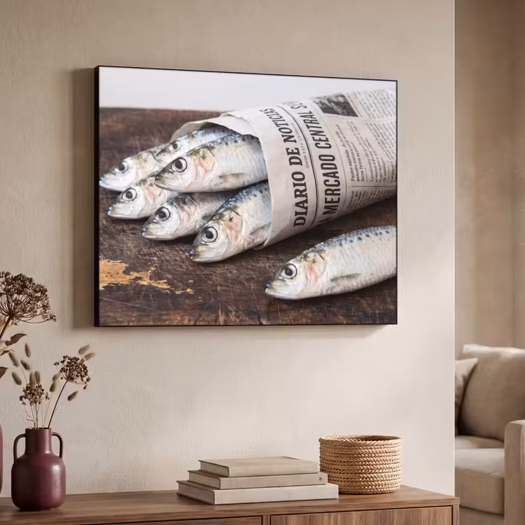 Art frame - Sardientje - krant - snijplank - Sardientje - krant - snijplank Textielframe zwart klein