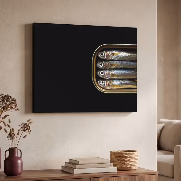 Sardines - Blik - Zwart - Vissen Textielframe zwart klein -sfeer3