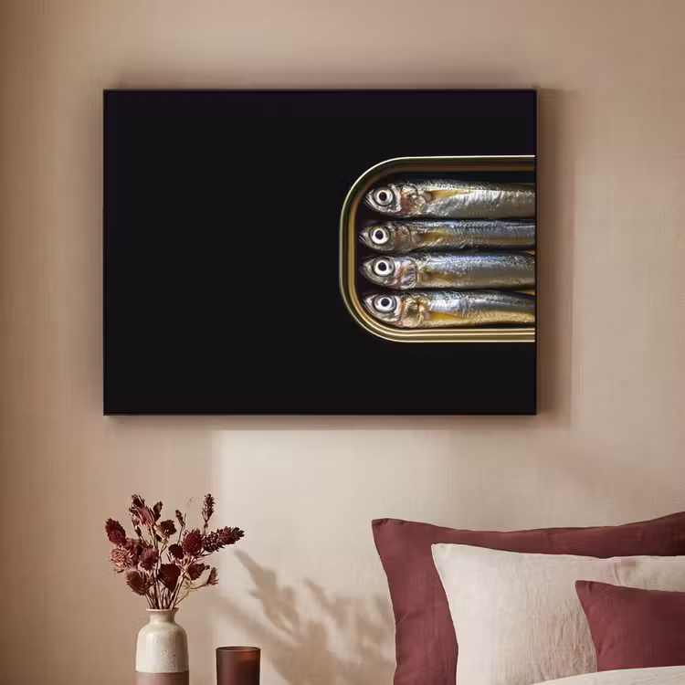Sardines - Blik - Zwart - Vissen Textielframe - compleet frame klein -sfeer1
