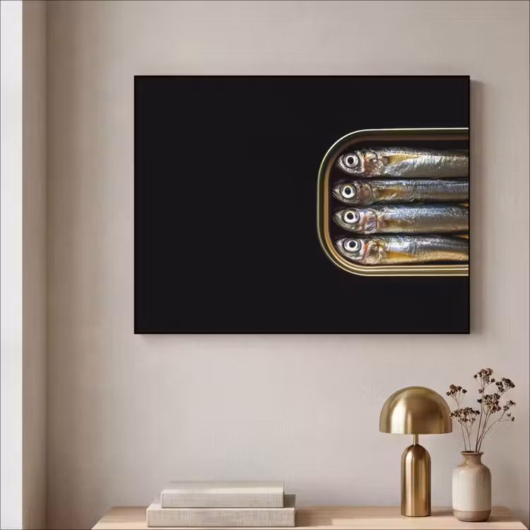 Sardines - Blik - Zwart - Vissen Textielframe - compleet frame klein -sfeer2