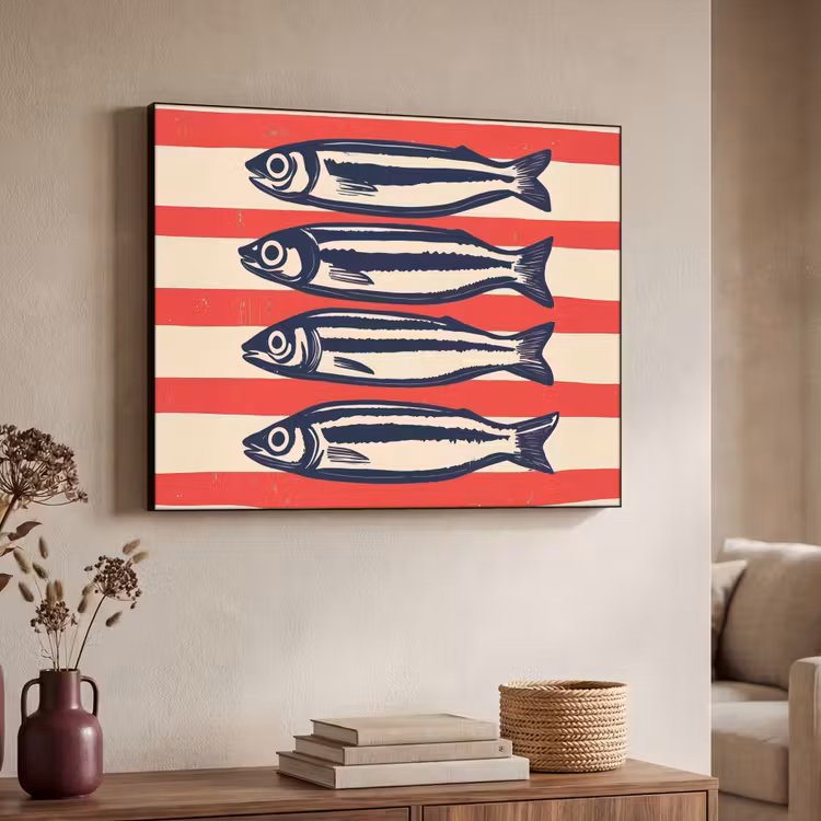 Sardines - Rood en beige strepen Textielframe zwart klein -sfeer3