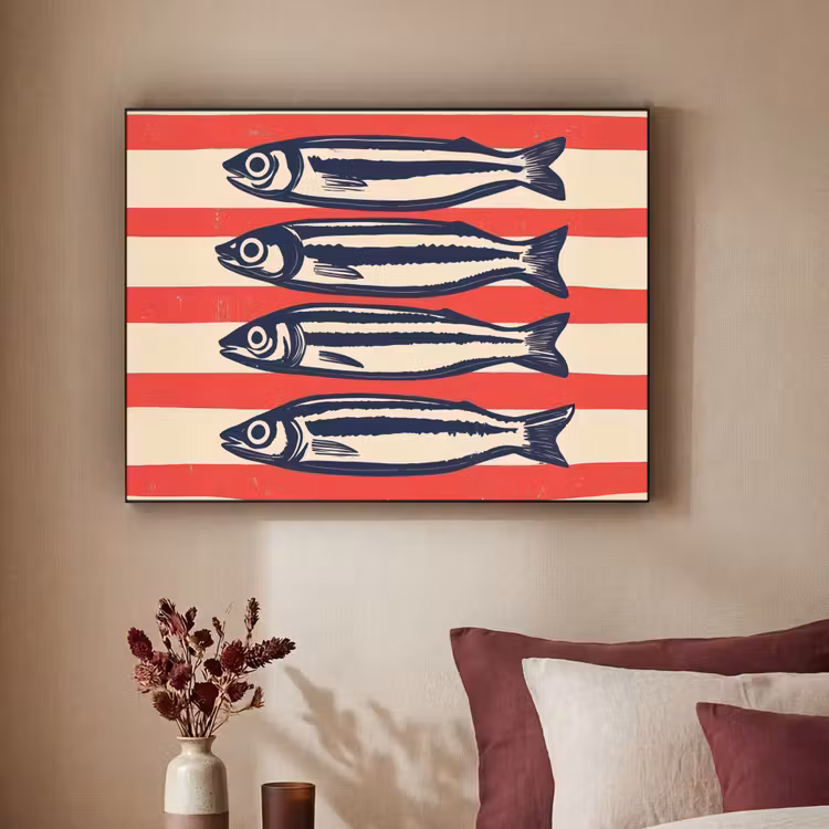 Sardines - Rood en beige strepen Textielframe - compleet frame klein -sfeer1