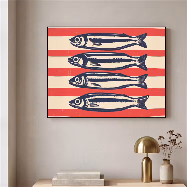 Sardines - Rood en beige strepen Textielframe - compleet frame klein -sfeer2