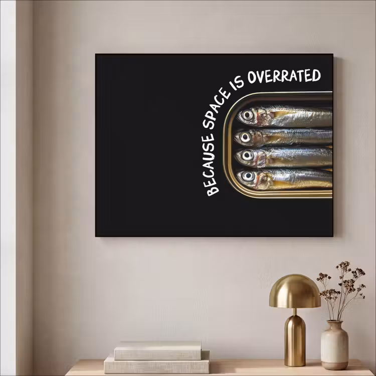 Sardines - Tekst - Vis - Blik Textielframe - compleet frame klein -sfeer2