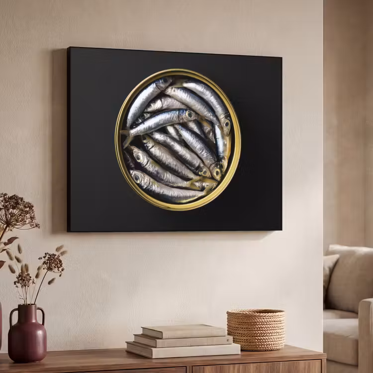 Sardines - Vissen - Rond - Zwart Textielframe zwart klein -sfeer3