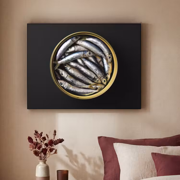 Sardines - Vissen - Rond - Zwart Textielframe zwart klein -sfeer1