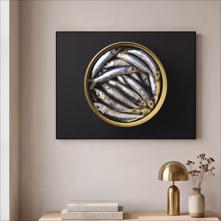 Sardines - Vissen - Rond - Zwart Textielframe zwart klein -sfeer2