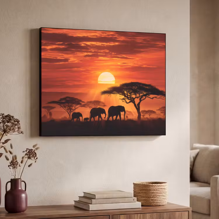Savanne - Olifanten - Zonsondergang Textielframe - compleet frame klein -sfeer3