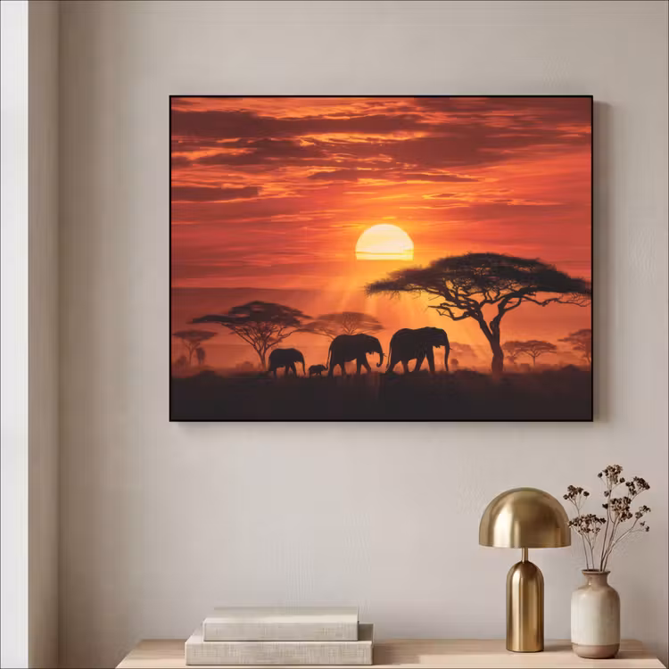 Savanne - Olifanten - Zonsondergang Textielframe zwart klein -sfeer2
