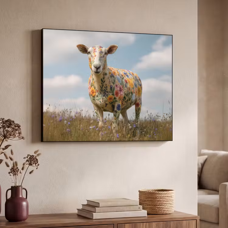 Schaap - Bloemen - Weide Textielframe zwart klein -sfeer3