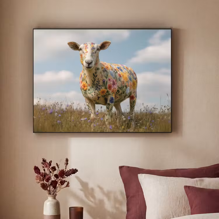 Schaap - Bloemen - Weide Textielframe - compleet frame klein -sfeer1
