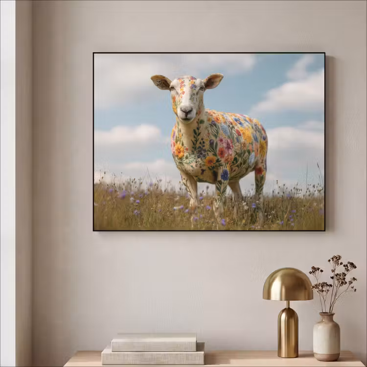 Schaap - Bloemen - Weide Textielframe zwart klein -sfeer2