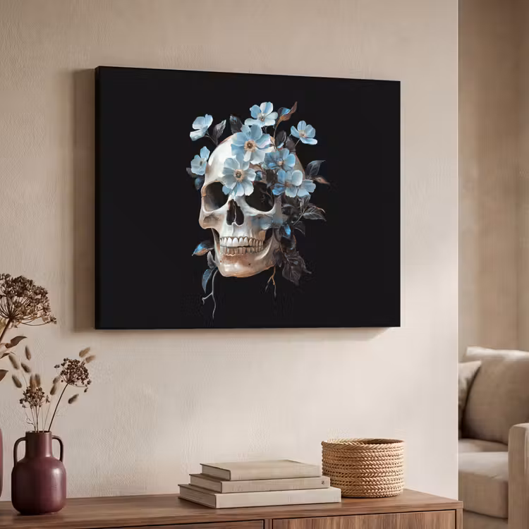 Schedel - Blauw - Bloemen - Bladeren Textielframe zwart klein -sfeer3