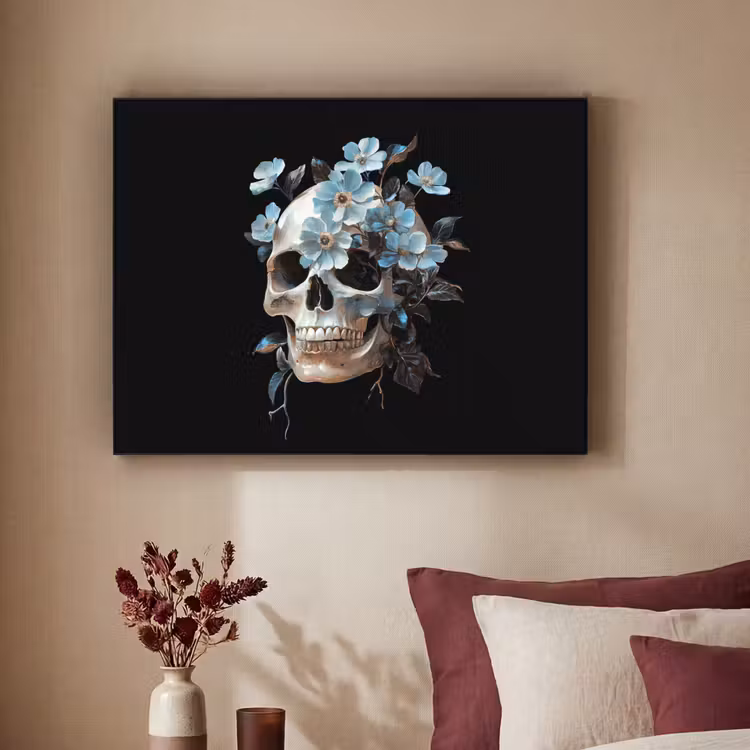 Schedel - Blauw - Bloemen - Bladeren Textielframe - compleet frame klein -sfeer1