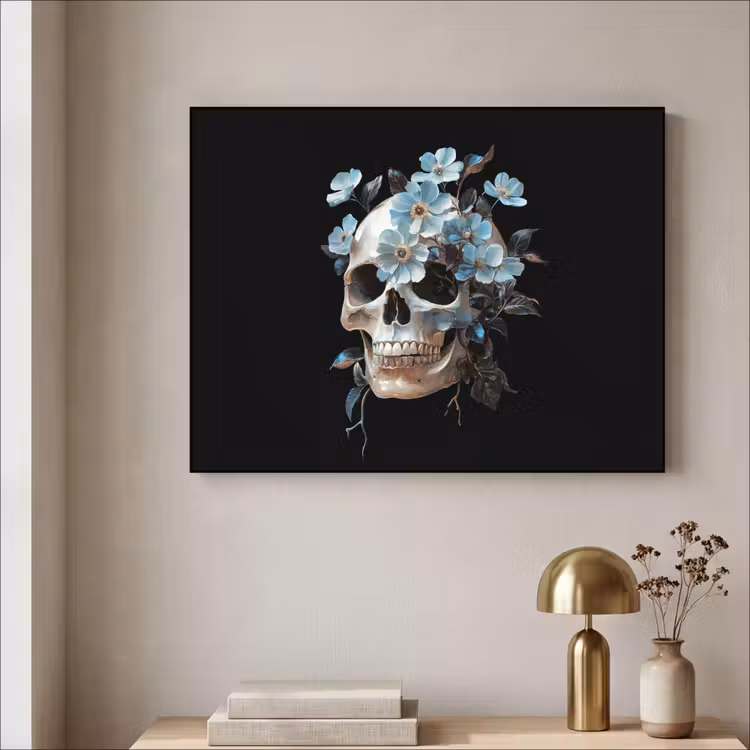 Schedel - Blauw - Bloemen - Bladeren Textielframe - compleet frame klein -sfeer2