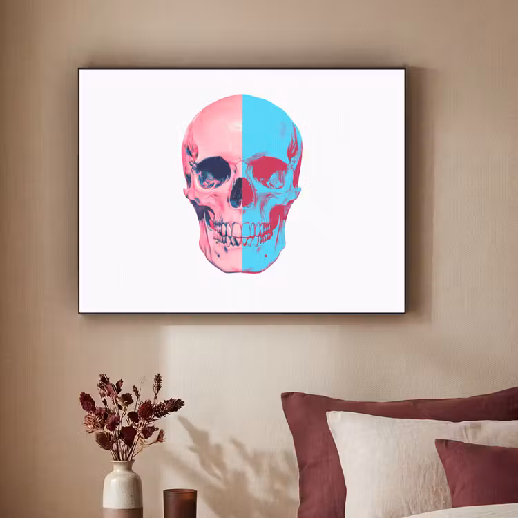 Schedel - Grafisch - Roze - Verdeeld Textielframe zwart klein -sfeer1