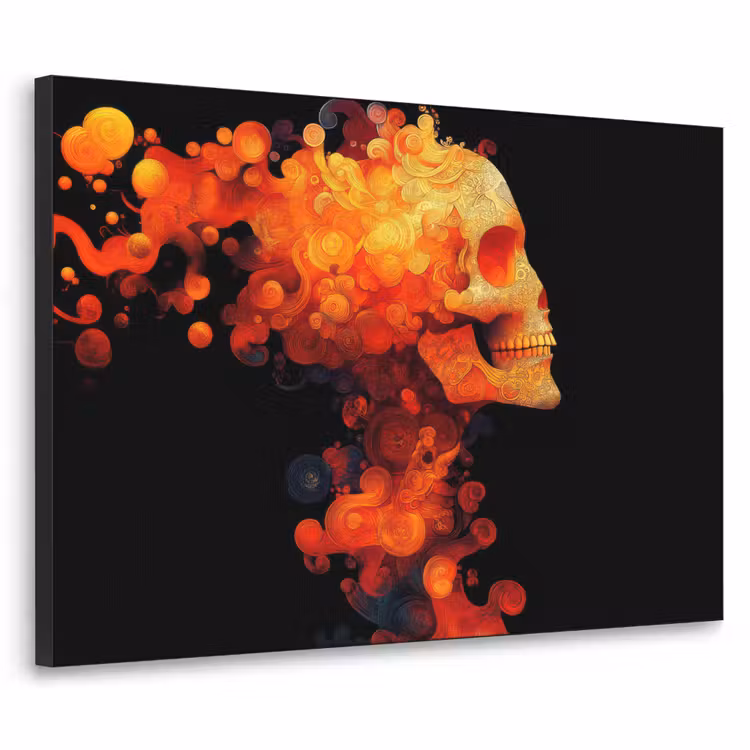 Schedel - Oranje - Zijaanzicht - Vlammen Textielframe - compleet frame klein -3d
