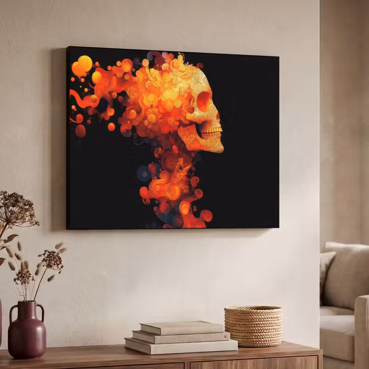 Schedel - Oranje - Zijaanzicht - Vlammen Textielframe zwart klein -sfeer3