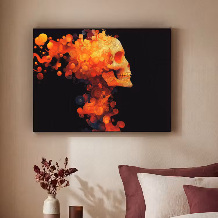 Schedel - Oranje - Zijaanzicht - Vlammen Textielframe zwart klein -sfeer1