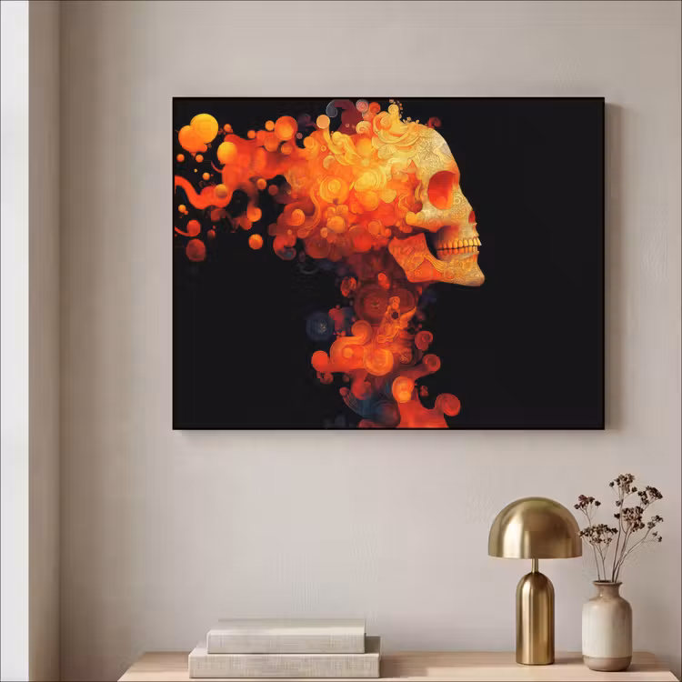 Schedel - Oranje - Zijaanzicht - Vlammen Textielframe - compleet frame klein -sfeer2