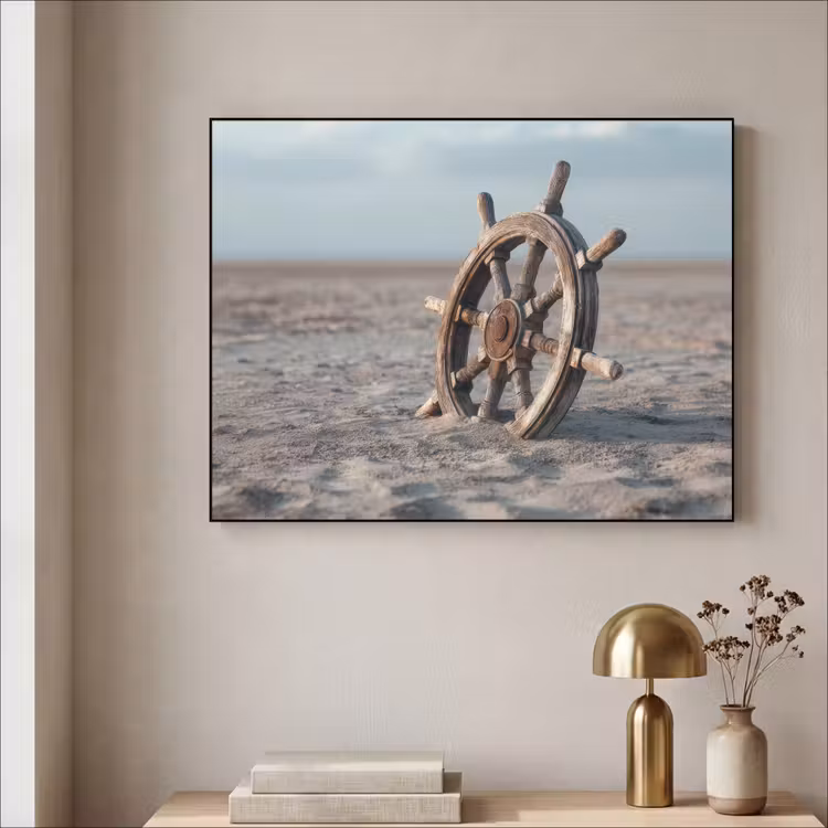 Scheepsstuur - Hout - Bruin - Zand Textielframe zwart klein -sfeer2