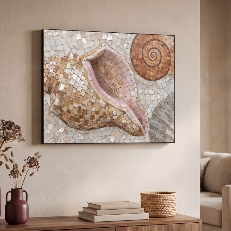 Schelp - Mozaïek - Zee - Beige - Modern Textielframe zwart klein -sfeer3