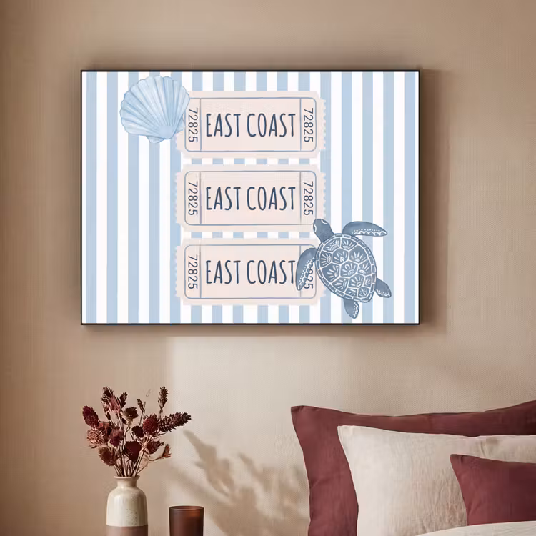 Schelp - Oceaan - Kust - Blauw - Illustratie Textielframe zwart klein -sfeer1