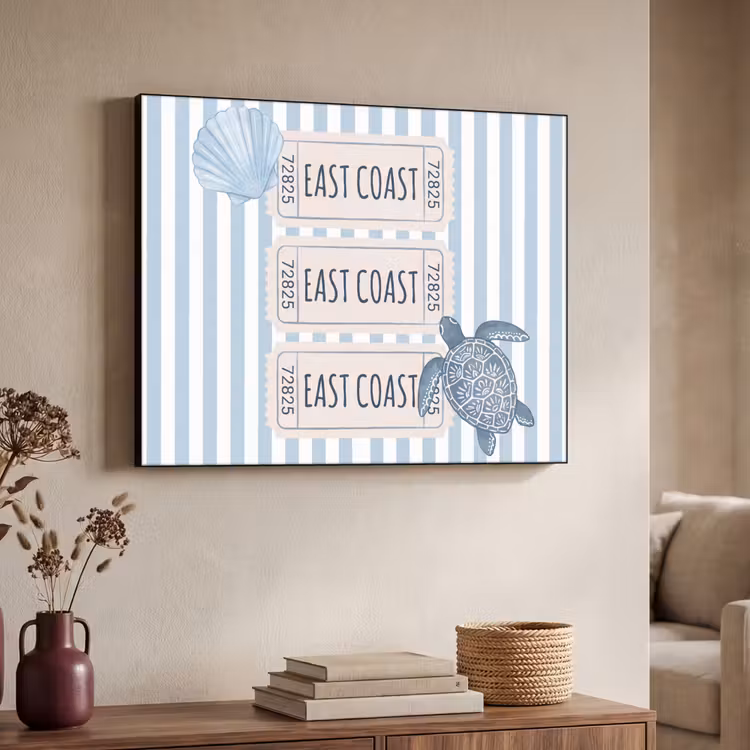Schelp - Oceaan - Kust - Blauw - Illustratie Textielframe zwart klein -sfeer3