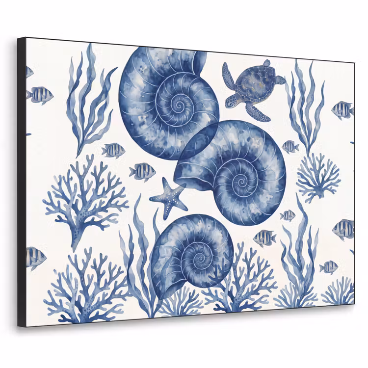 Schelp - Spiraal - Zeeleven - Aquarel - Blauw Textielframe zwart klein -3d