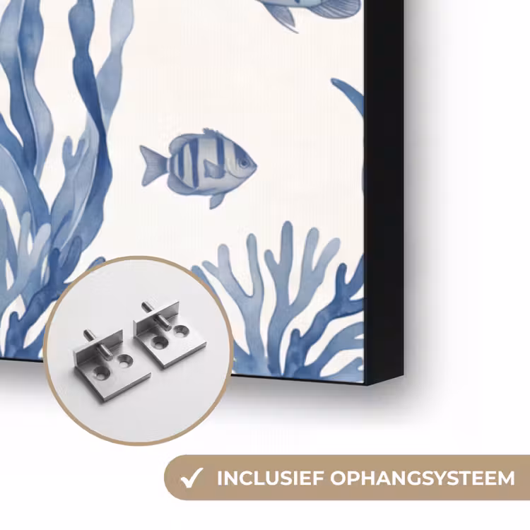 Schelp - Spiraal - Zeeleven - Aquarel - Blauw Textielframe zwart klein -USP_ophangsysteemNL