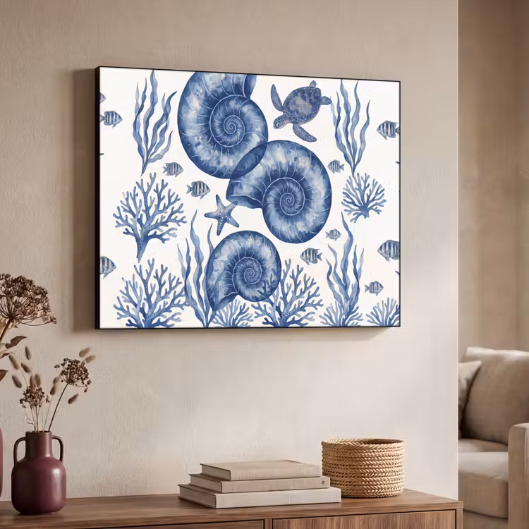 Schelp - Spiraal - Zeeleven - Aquarel - Blauw Textielframe zwart klein -sfeer3