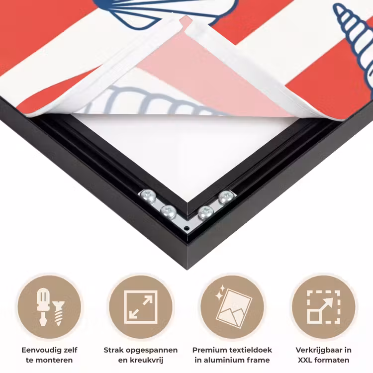 Schelp - Zeedieren - Zomer - Illustratie - Rood - Blauw Textielframe zwart klein -USP_feed_closeupNL