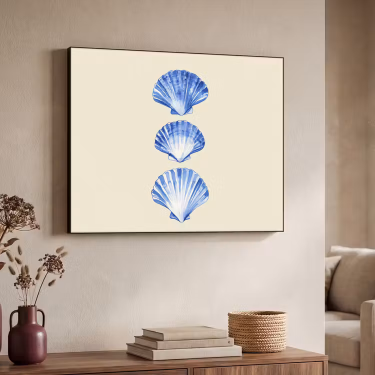 Schelpen - Blauw - Beige Textielframe - compleet frame klein -sfeer3