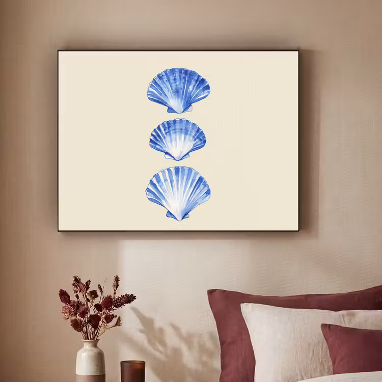 Schelpen - Blauw - Beige Textielframe zwart klein -sfeer1