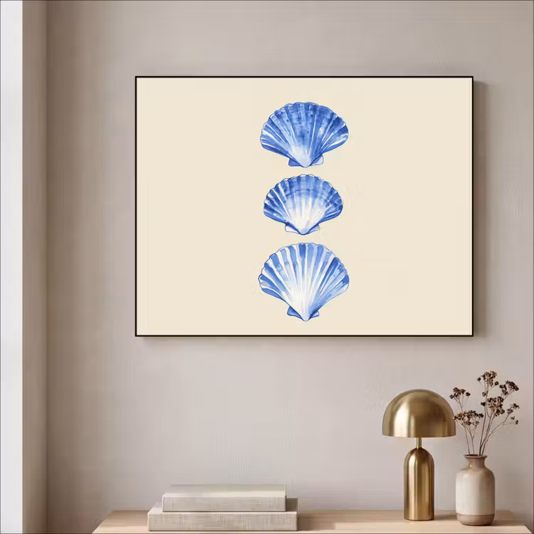 Schelpen - Blauw - Beige Textielframe - compleet frame klein -sfeer2