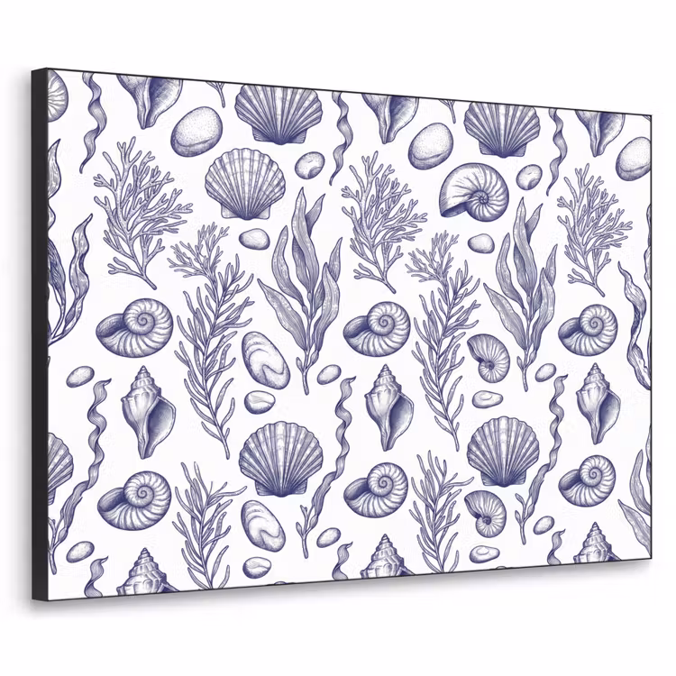 Schelpen - Zeewier - Oceaan - Illustratie - Blauw Textielframe zwart klein -3d