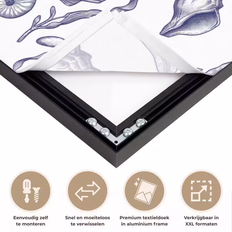 Schelpen - Zeewier - Oceaan - Illustratie - Blauw Textielframe zwart klein -USP_closeupNL