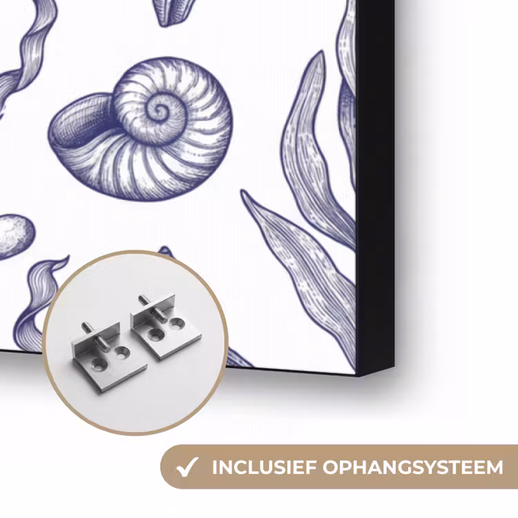 Schelpen - Zeewier - Oceaan - Illustratie - Blauw Textielframe zwart klein -USP_ophangsysteemNL