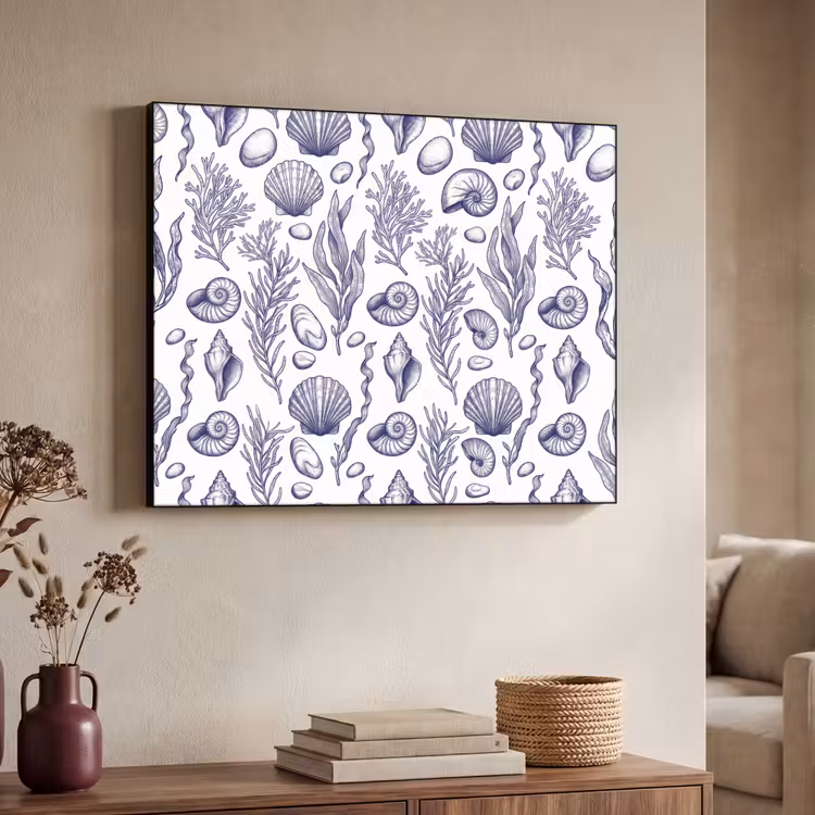 Schelpen - Zeewier - Oceaan - Illustratie - Blauw Textielframe zwart klein -sfeer3