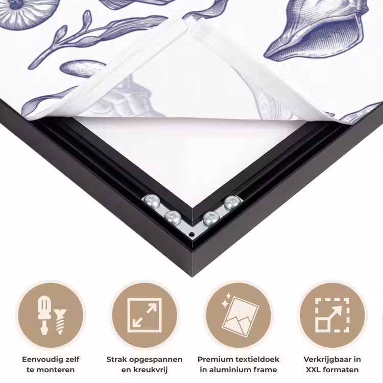 Schelpen - Zeewier - Oceaan - Illustratie - Blauw Textielframe zwart klein -USP_feed_closeupNL