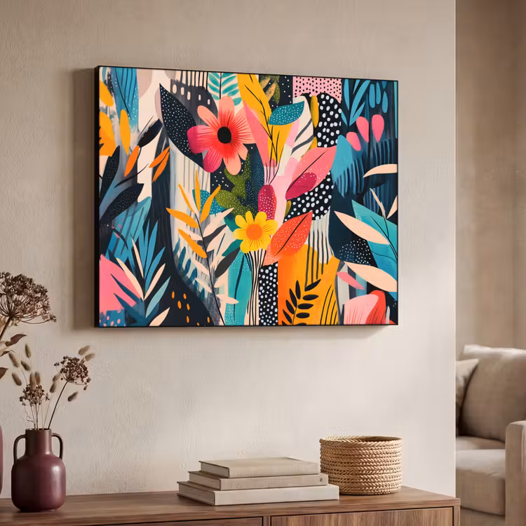 Schilderij - Abstract - Bloemen - Roze Textielframe - compleet frame klein -sfeer3