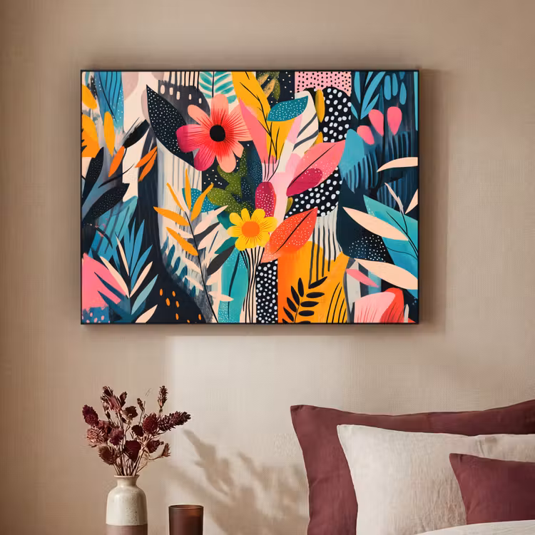 Schilderij - Abstract - Bloemen - Roze Textielframe - compleet frame klein -sfeer1