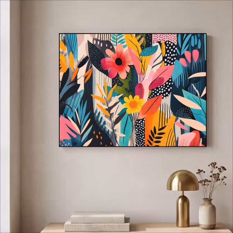 Schilderij - Abstract - Bloemen - Roze Textielframe - compleet frame klein -sfeer2