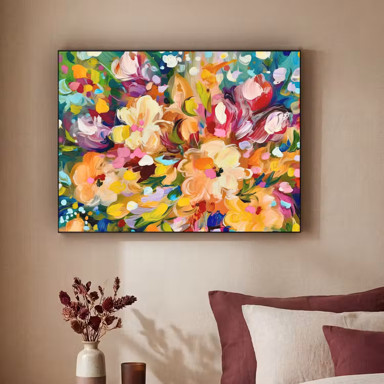 Schilderij - Olieverf - Bloemen - Regenboog Textielframe zwart klein -sfeer1