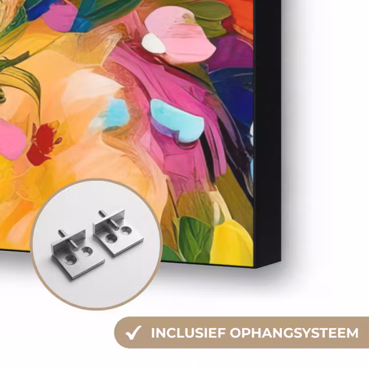 Schilderij - Olieverf - Bloemen - Regenboog Textielframe zwart klein -USP_ophangsysteemNL