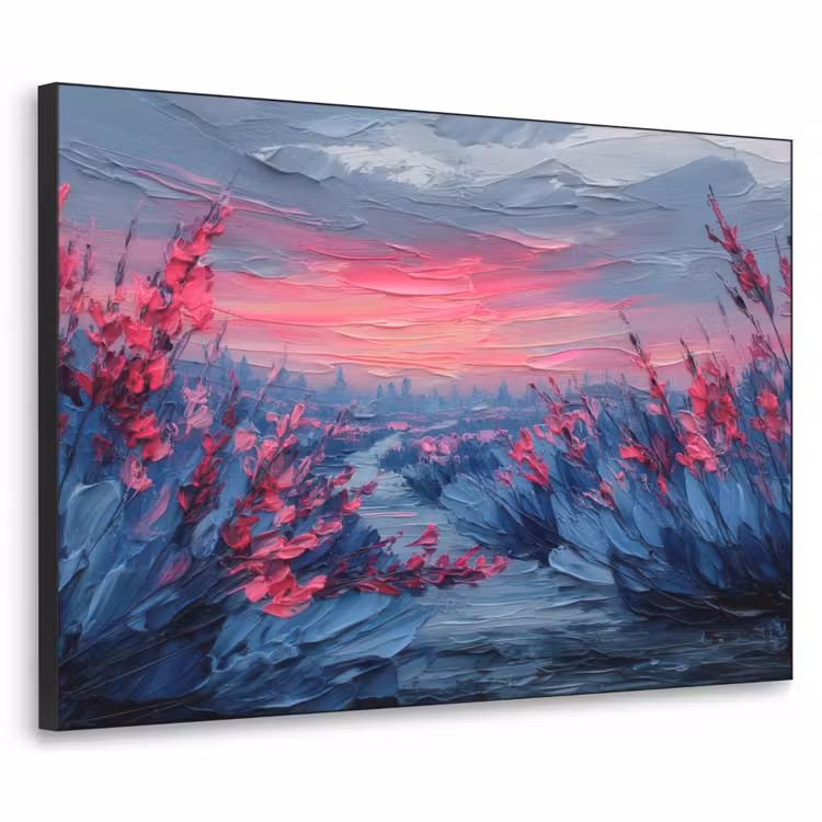 Schilderij - Zonsondergang - Bloemen - Rivier Textielframe - compleet frame klein -3d